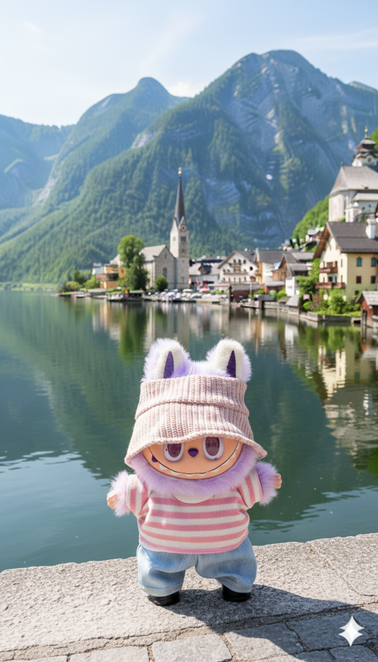 Pinkie Twinkle Pink Striped Shirt & Denim Pants Outfit Set for Labubu Doll – With Beige Knit Hat and Black Shoes