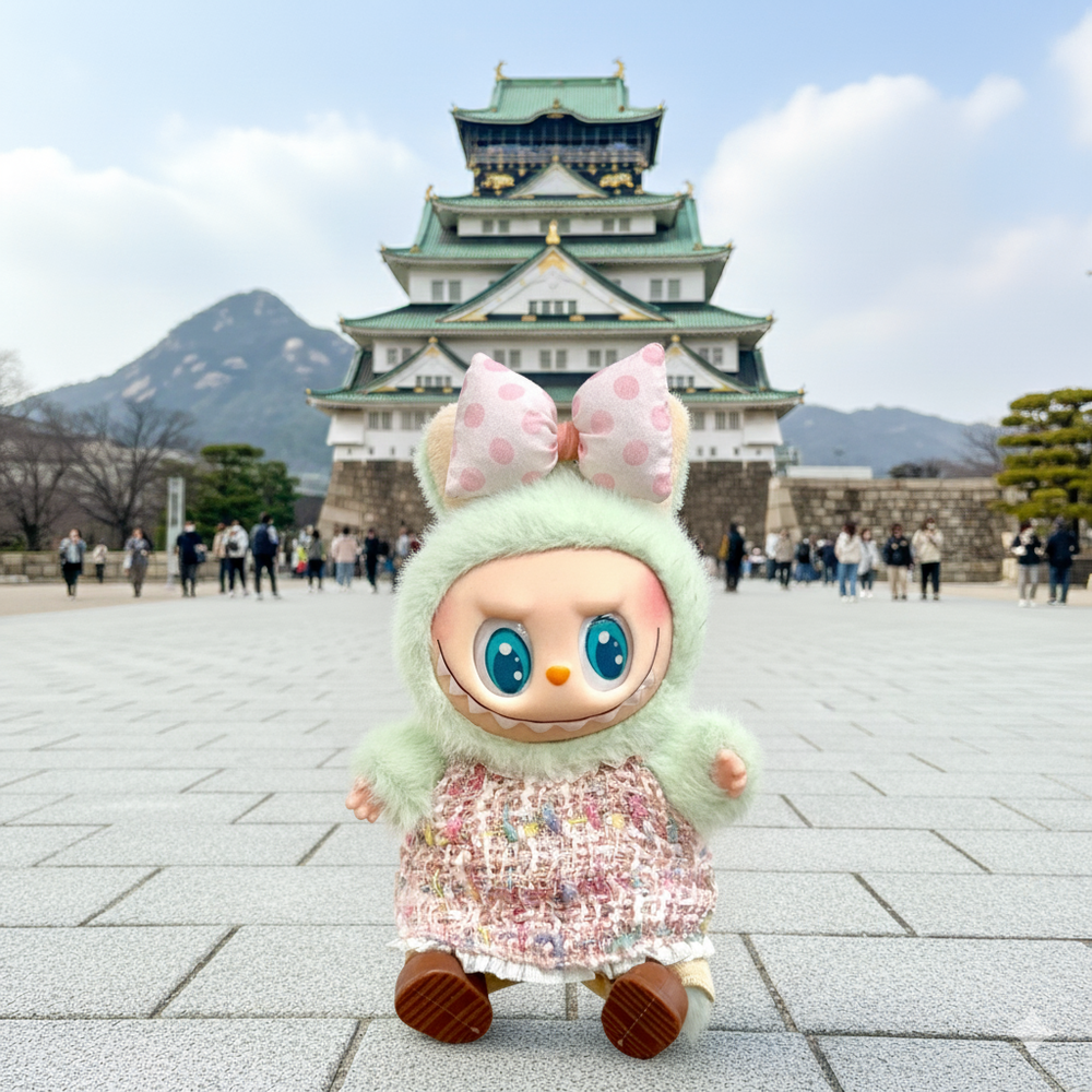 Pinkie Twinkle Bunny Outfit Set – Pink Polka Dot Bow and Tweed Dress for Labubu