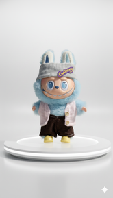 Pinkie Twinkle Galaxy Beanie & Pink Knit Vest Outfit Set for Labubu Doll – With Corduroy Pants and Yellow Shoes
