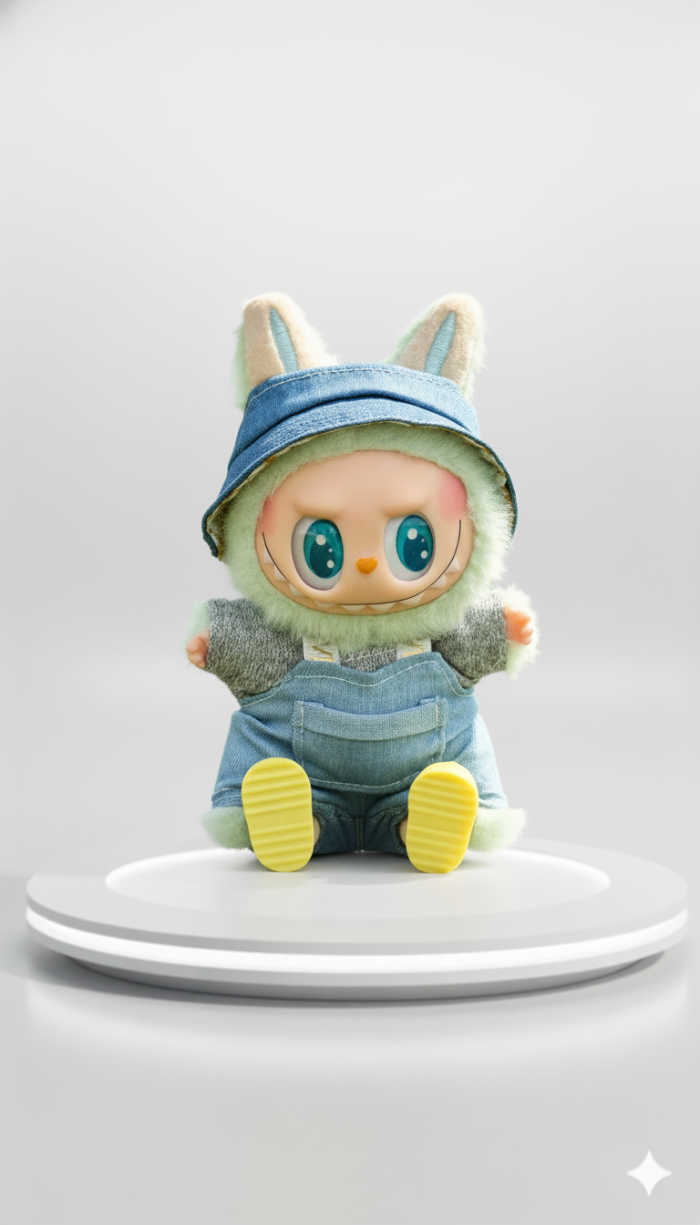Pinkie Twinkle Blue Denim Overall Outfit Set for Labubu Doll – With Gray-Green Sweater, Yellow Shoes & Matching Hat