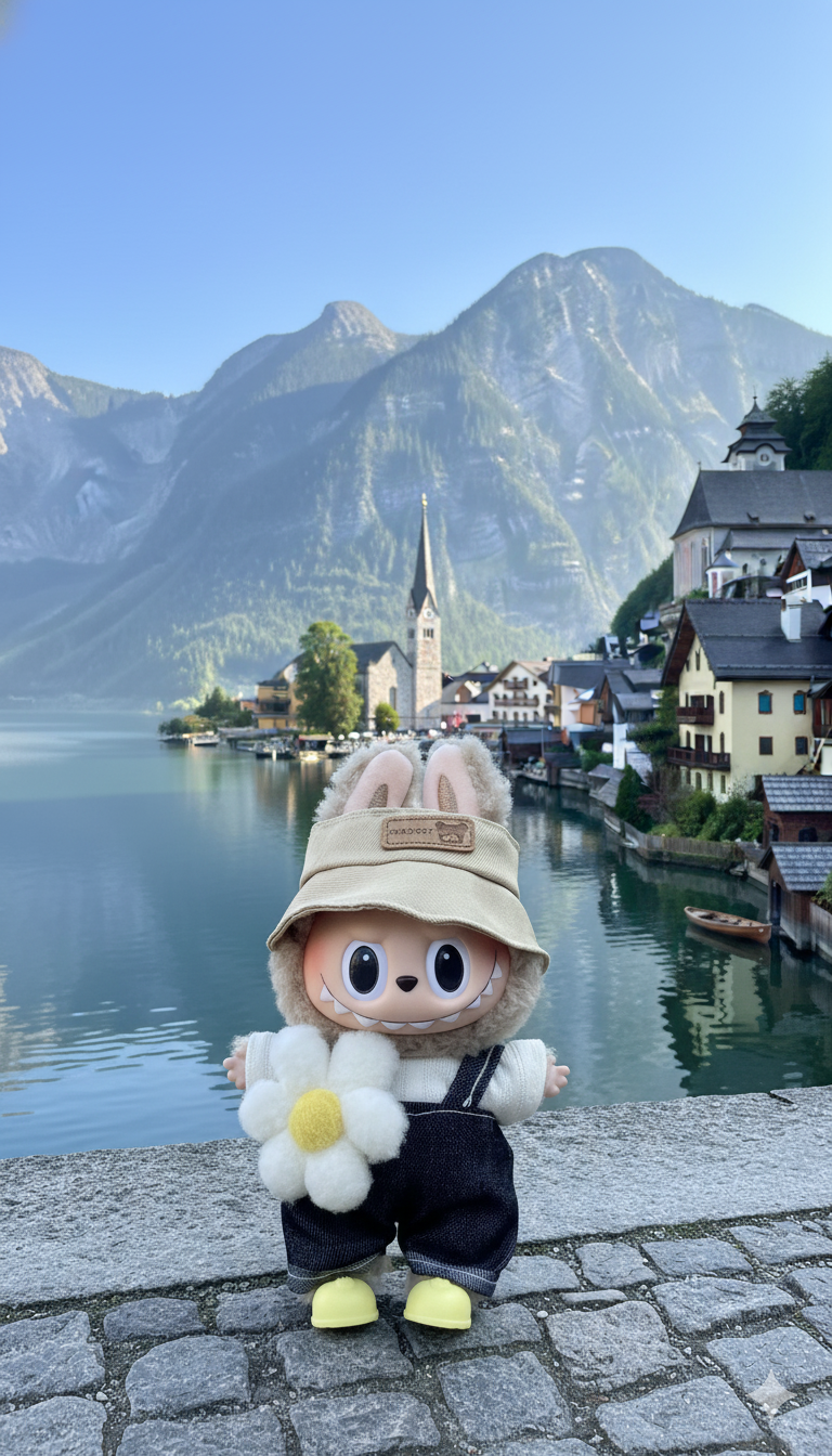 Pinkie Twinkle Beige Hat & Denim Overall Outfit Set for Labubu | Cozy Nordic Style Doll Clothes
