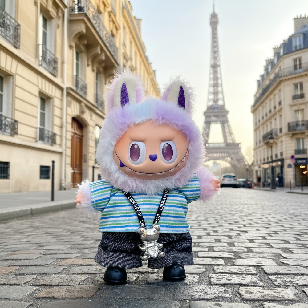 Pinkie Twinkle Labubu Outfit -Striped Shirt, Denim Pants, & Necklace