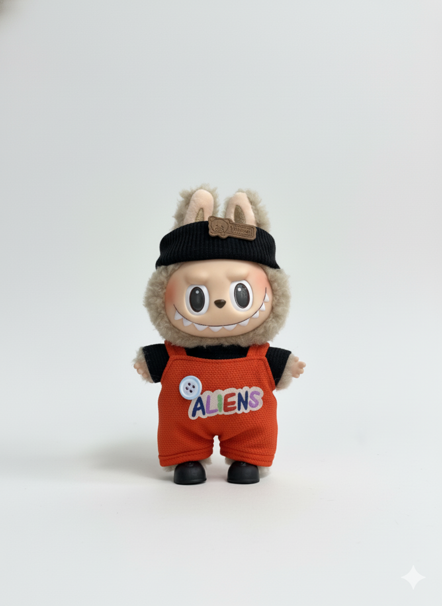 Pinkie Twinkle Labubu “Aliens” Red Overall Outfit Set – Cute Doll Clothes with Sweater, Shoes & Headband