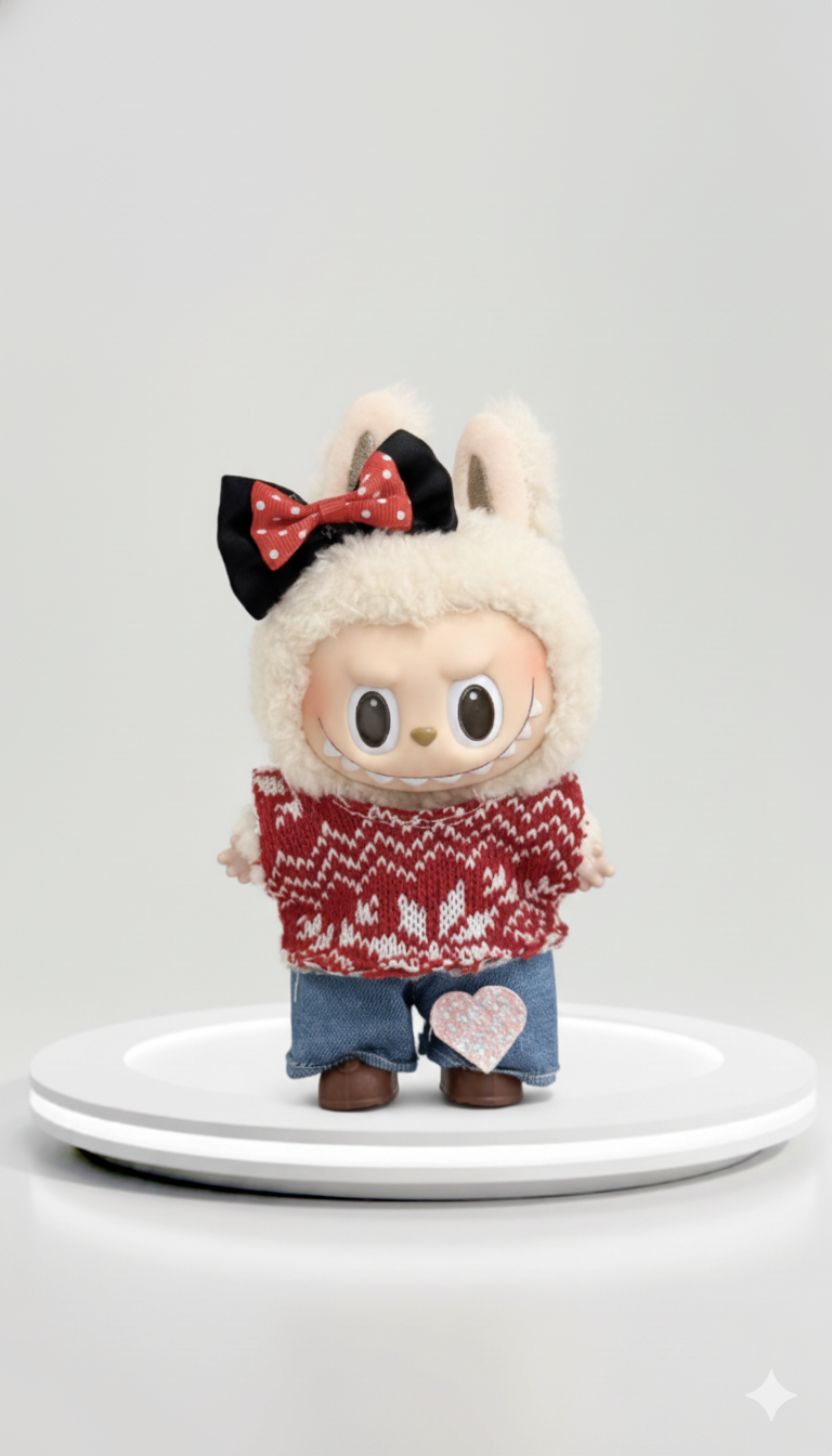 Pinkie Twinkle Red Sweater & Denim Heart Patch Outfit Set for Labubu Doll – With Bow Headband and Brown Shoes