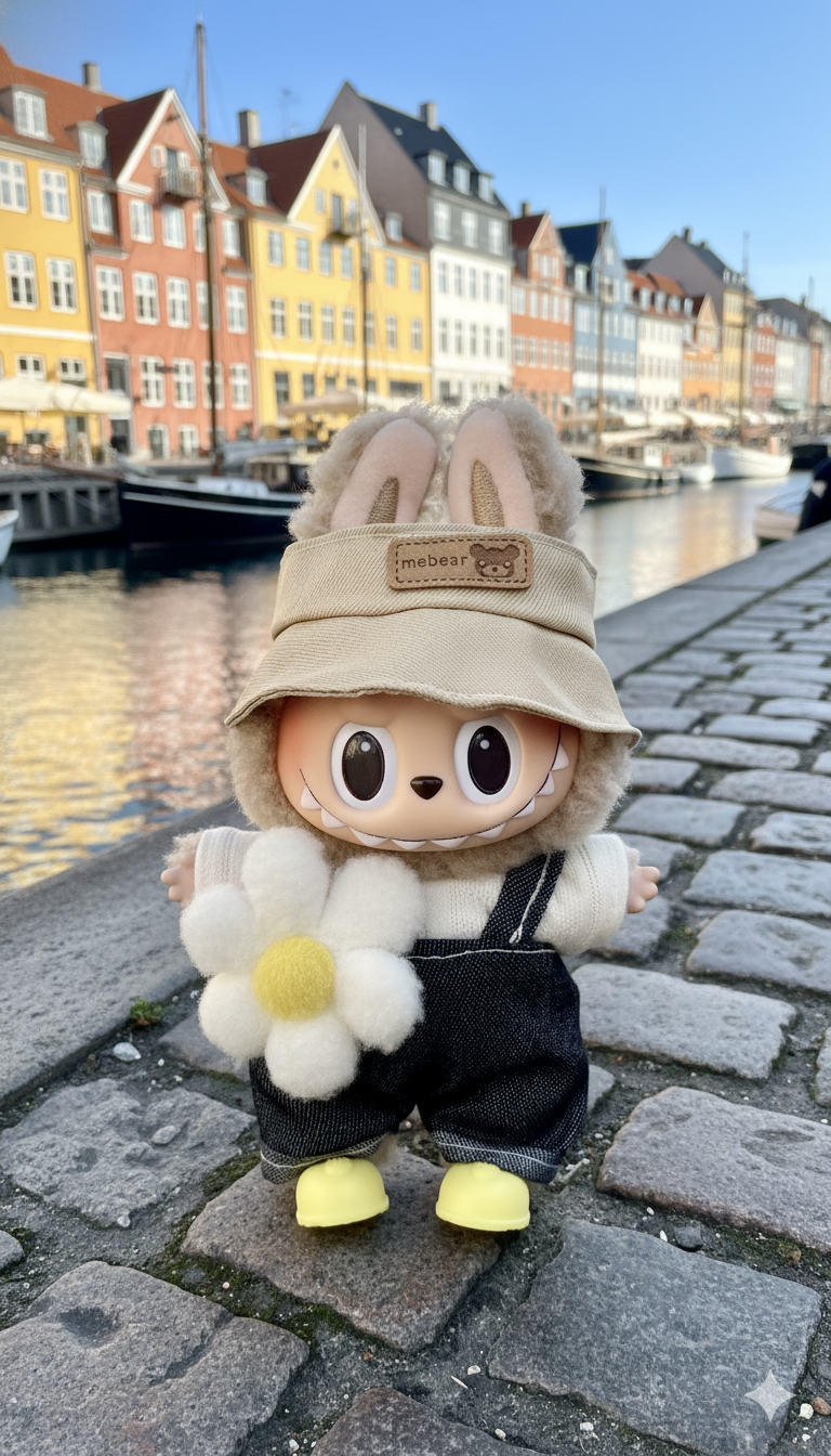 Pinkie Twinkle Beige Hat & Denim Overall Outfit Set for Labubu | Cozy Nordic Style Doll Clothes