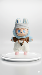 Pinkie Twinkle Winter Outfit for Labubu – Cozy Knit Hat, Brown Sweater & White Quilted Pants |