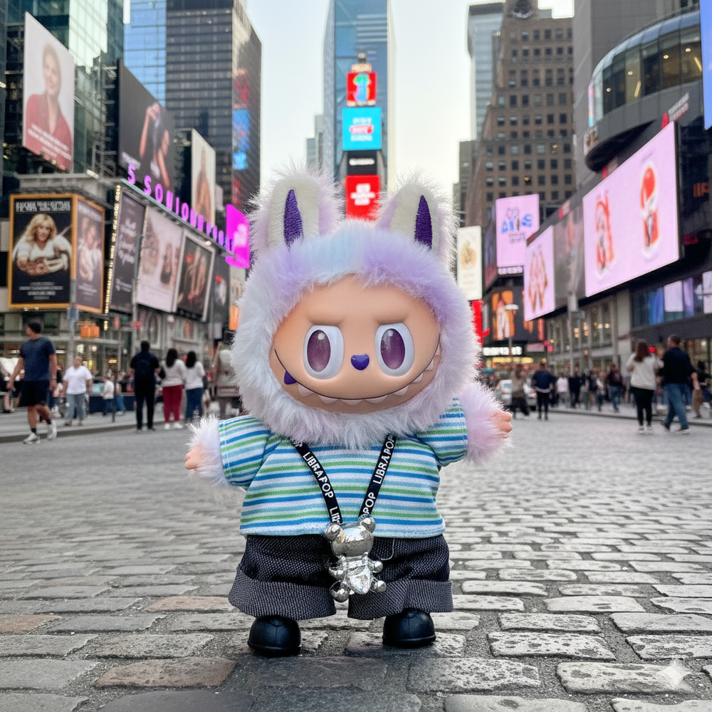 Pinkie Twinkle Labubu Outfit -Striped Shirt, Denim Pants, & Necklace