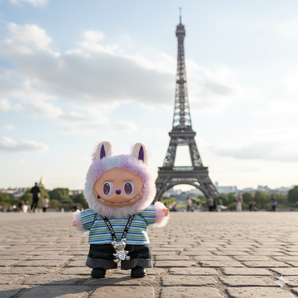 Pinkie Twinkle Labubu Outfit -Striped Shirt, Denim Pants, & Necklace