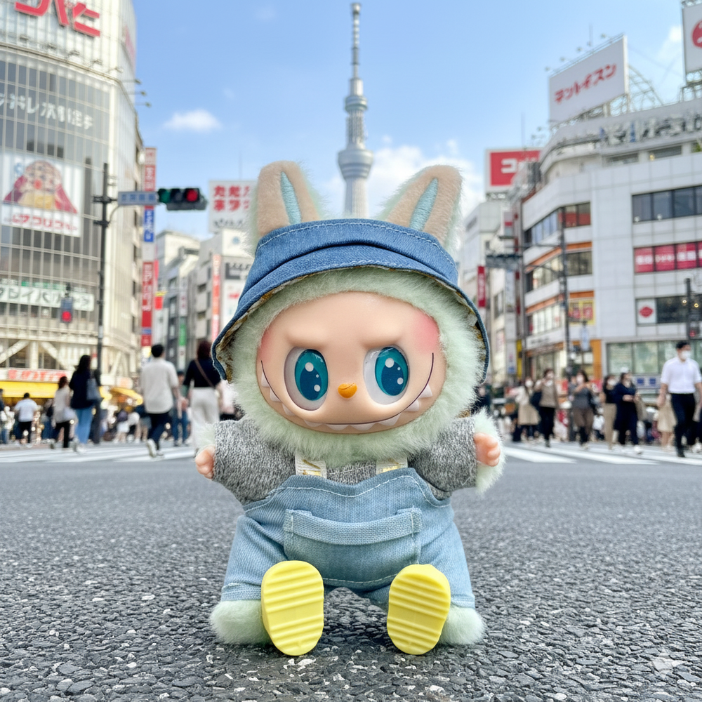 Pinkie Twinkle Blue Denim Overall Outfit Set for Labubu Doll – With Gray-Green Sweater, Yellow Shoes & Matching Hat