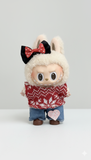 Pinkie Twinkle Red Sweater & Denim Heart Patch Outfit Set for Labubu Doll – With Bow Headband and Brown Shoes