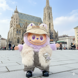 Pinkie Twinkle Labubu Winter Outfit Set – Beige Hat, Faux Fur Vest & Plaid Pants