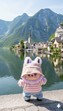 Pinkie Twinkle Pink Striped Shirt & Denim Pants Outfit Set for Labubu Doll – With Beige Knit Hat and Black Shoes