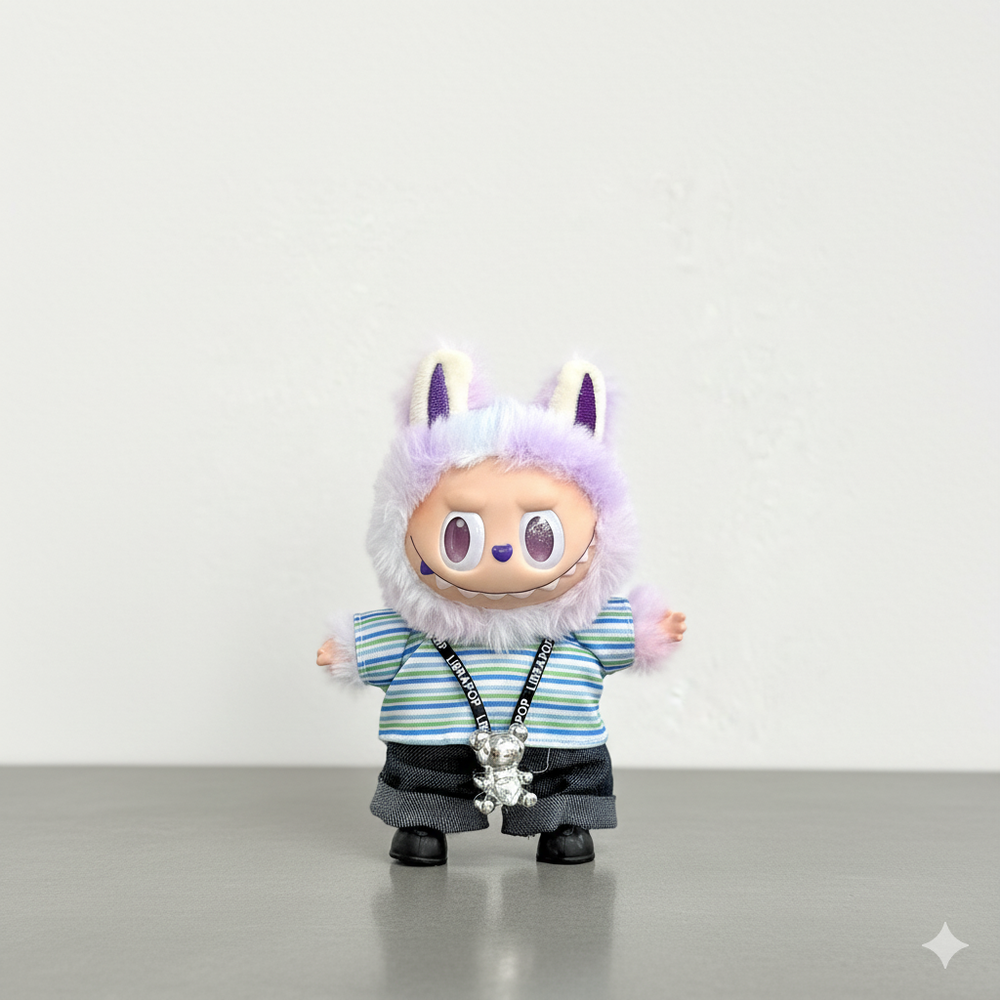 Pinkie Twinkle Labubu Outfit -Striped Shirt, Denim Pants, & Necklace