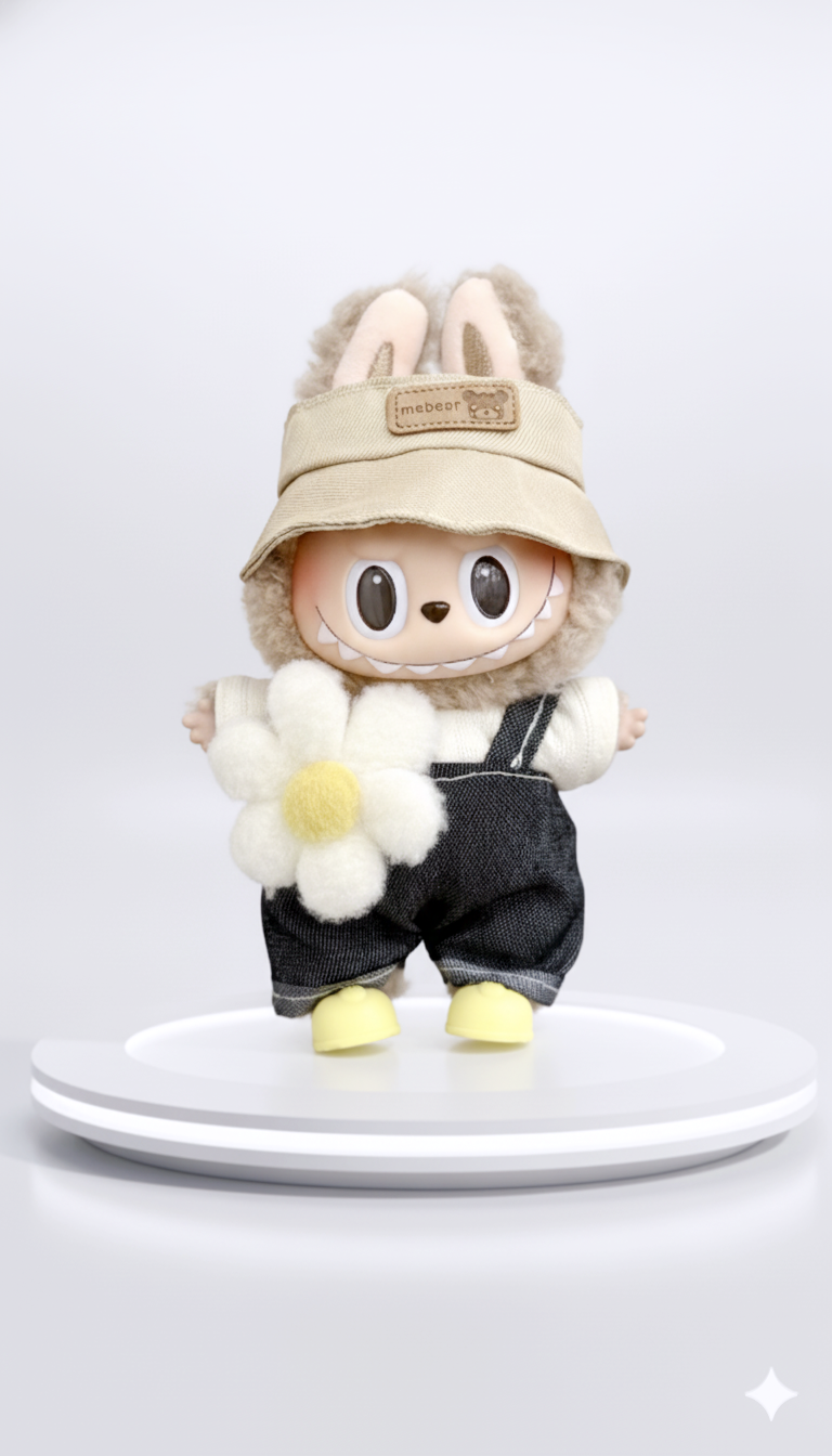 Pinkie Twinkle Beige Hat & Denim Overall Outfit Set for Labubu | Cozy Nordic Style Doll Clothes