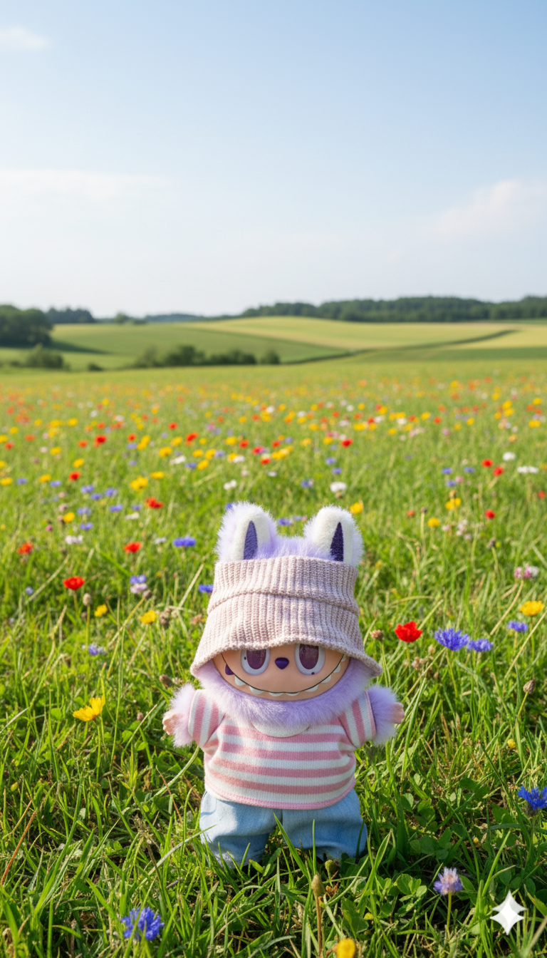 Pinkie Twinkle Pink Striped Shirt & Denim Pants Outfit Set for Labubu Doll – With Beige Knit Hat and Black Shoes