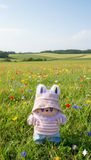 Pinkie Twinkle Pink Striped Shirt & Denim Pants Outfit Set for Labubu Doll – With Beige Knit Hat and Black Shoes