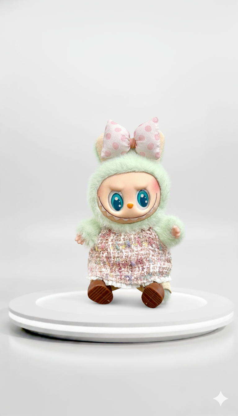 Pinkie Twinkle Handmade Bunny Outfit Set – Pink Polka Dot Bow and Tweed Dress for Labubu