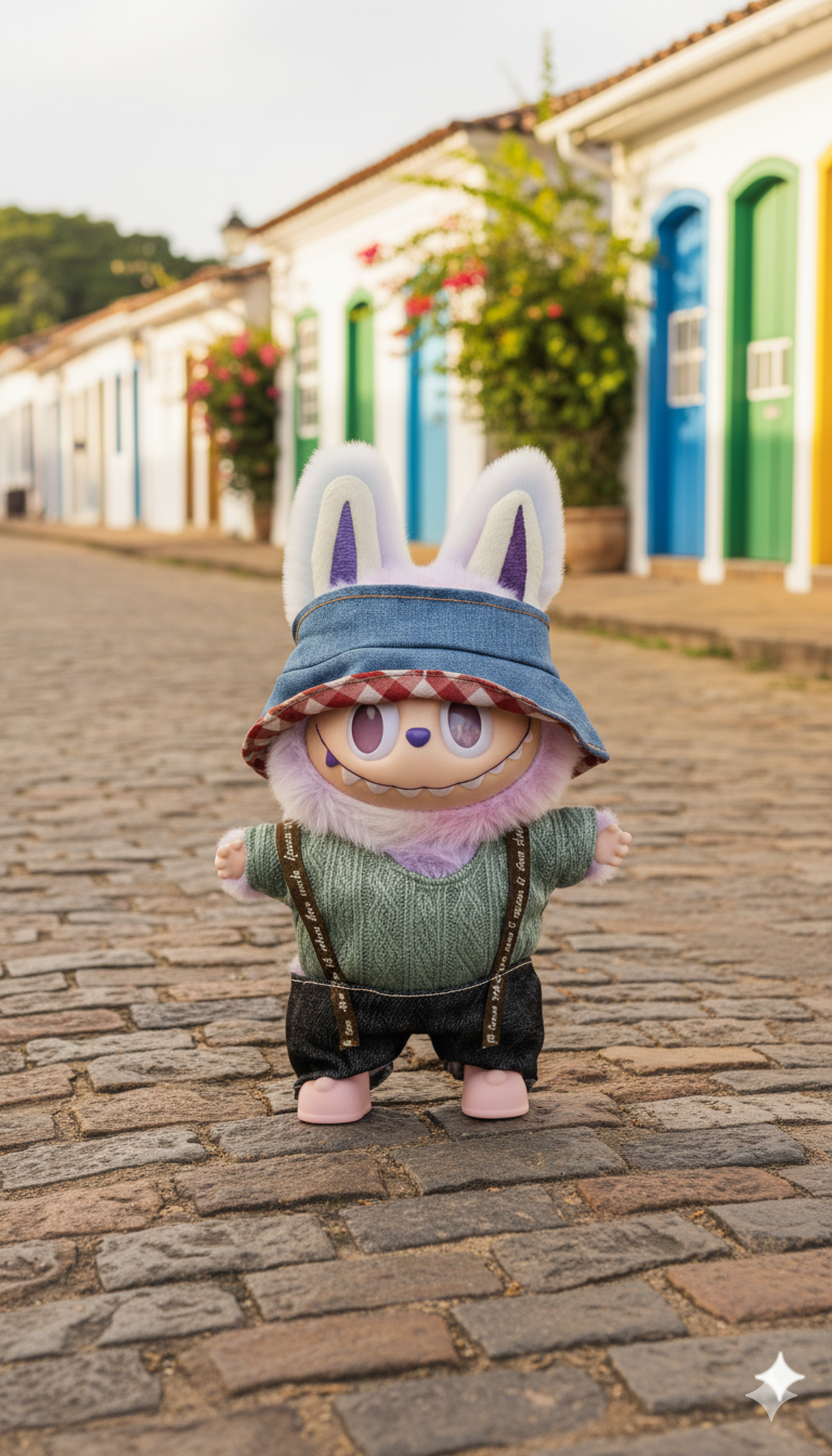 Pinkie Twinkle Green Sweater & Denim Suspender Outfit Set for Labubu Doll – With Blue Bucket Hat and Pink Shoes