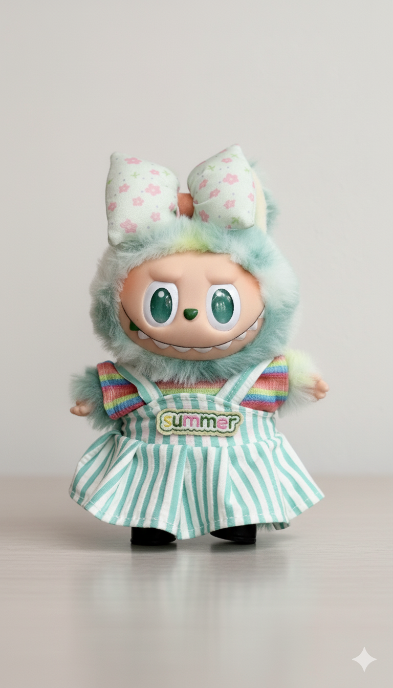 Pinkie Twinkle Mint “Summer” Dress Outfit Set for Labubu Doll – With Floral Bow and Rainbow Top