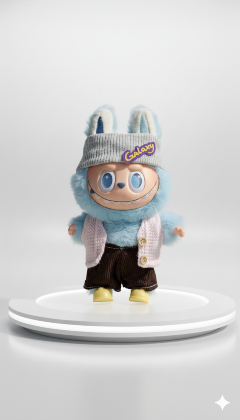 Pinkie Twinkle Galaxy Beanie & Pink Knit Vest Outfit Set for Labubu Doll – With Corduroy Pants and Yellow Shoes