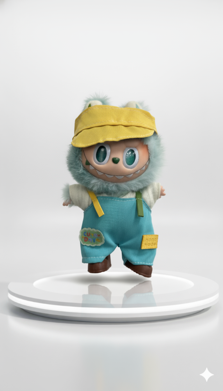 Pinkie Twinkle Labubu “Sunny Day” Overall Outfit Set – Yellow Cap, Knit Sweater, Shoes & Overalls for Dolls