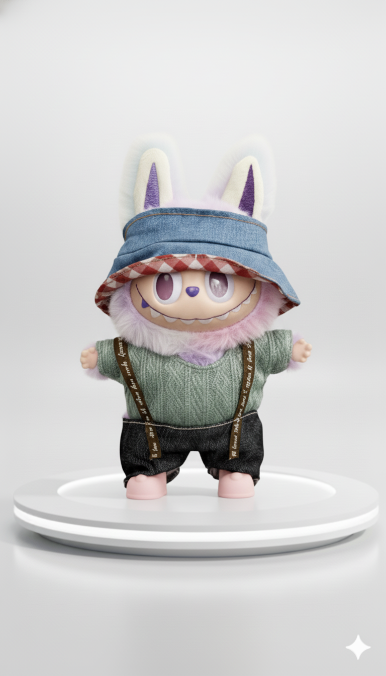 Pinkie Twinkle Green Sweater & Denim Suspender Outfit Set for Labubu Doll – With Blue Bucket Hat and Pink Shoes