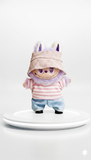 Pinkie Twinkle Pink Striped Shirt & Denim Pants Outfit Set for Labubu Doll – With Beige Knit Hat and Black Shoes
