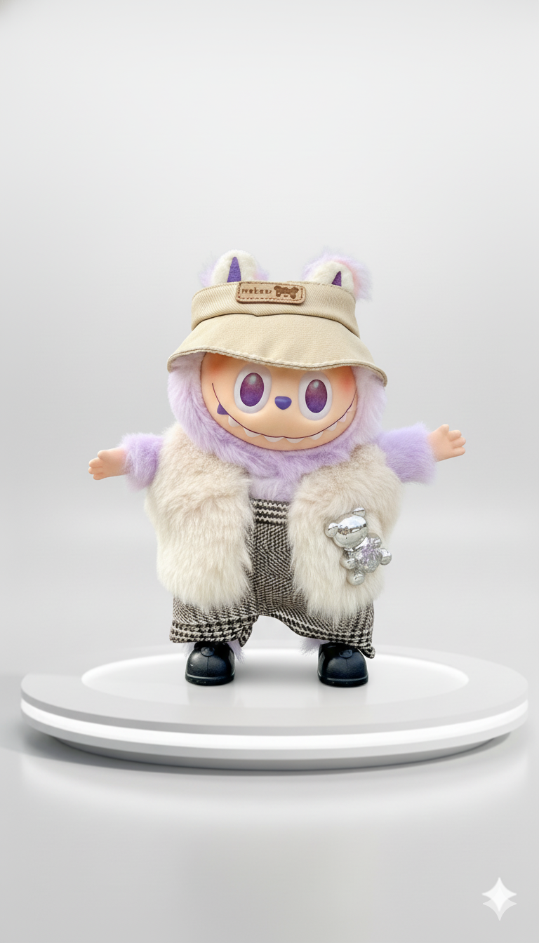 Pinkie Twinkle Labubu Winter Outfit Set – Beige Hat, Faux Fur Vest & Plaid Pants | Cute Streetwear Style for Labubu Doll