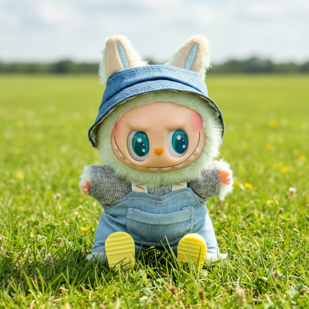 Pinkie Twinkle Blue Denim Overall Outfit Set for Labubu Doll – With Gray-Green Sweater, Yellow Shoes & Matching Hat