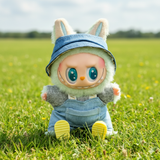 Pinkie Twinkle Blue Denim Overall Outfit Set for Labubu Doll – With Gray-Green Sweater, Yellow Shoes & Matching Hat