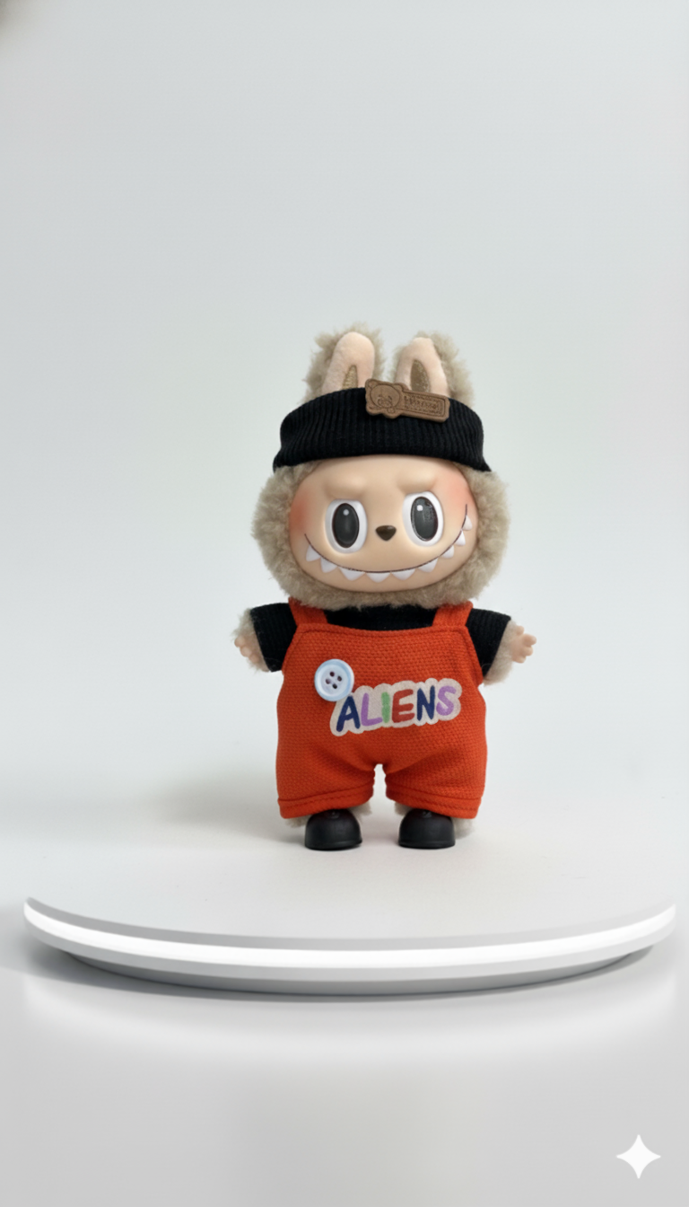 Pinkie Twinkle Labubu “Aliens” Red Overall Outfit Set – Cute Doll Clothes with Sweater, Shoes & Headband