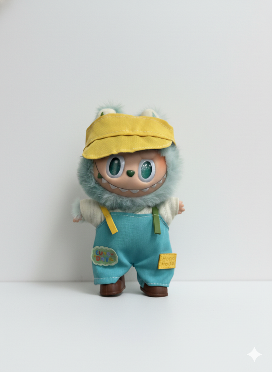 Pinkie Twinkle Labubu “Sunny Day” Overall Outfit Set – Yellow Cap, Knit Sweater, Shoes & Overalls for Dolls